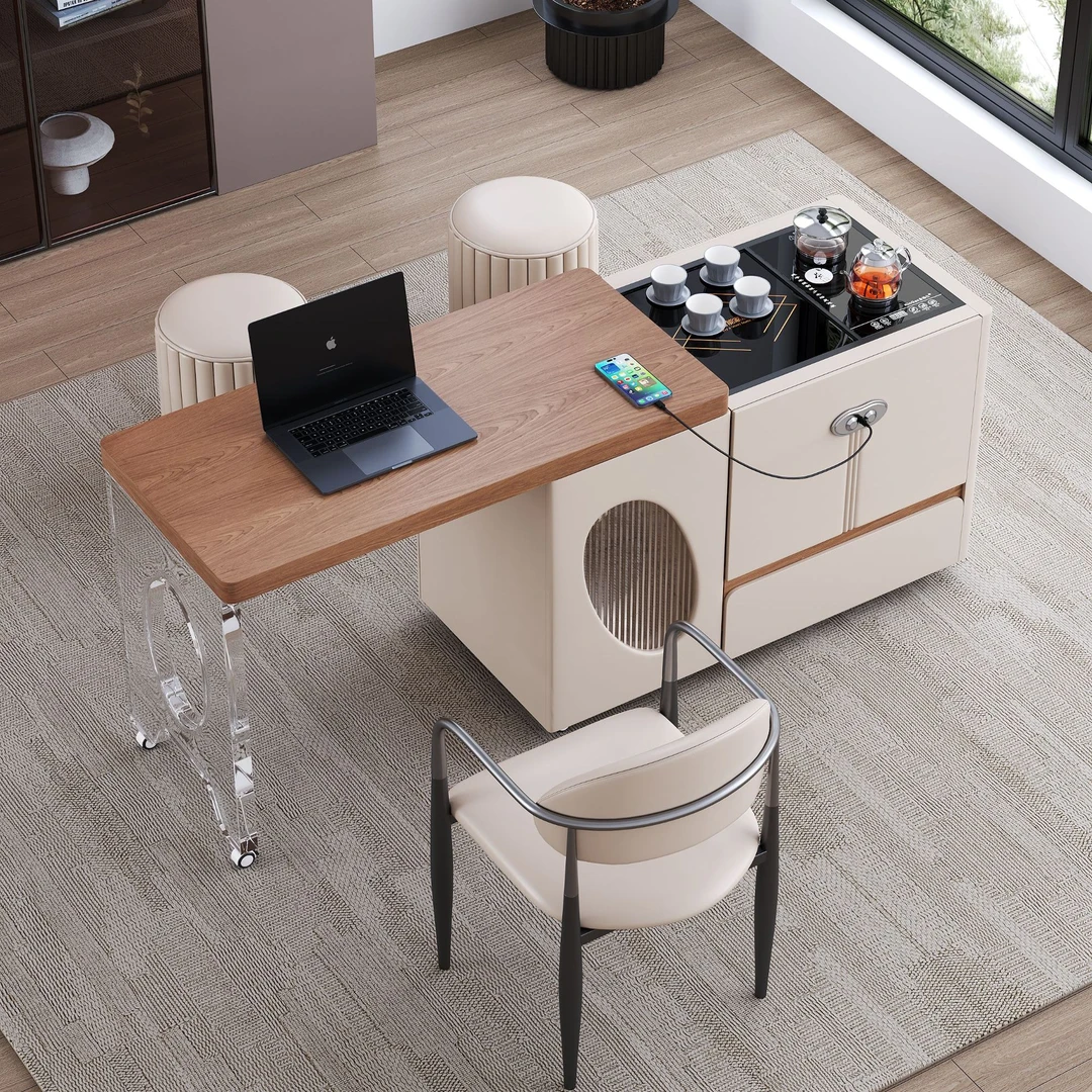 伸缩升降茶台原木风现代简约可移动办公茶几客厅茶室书房茶桌自动