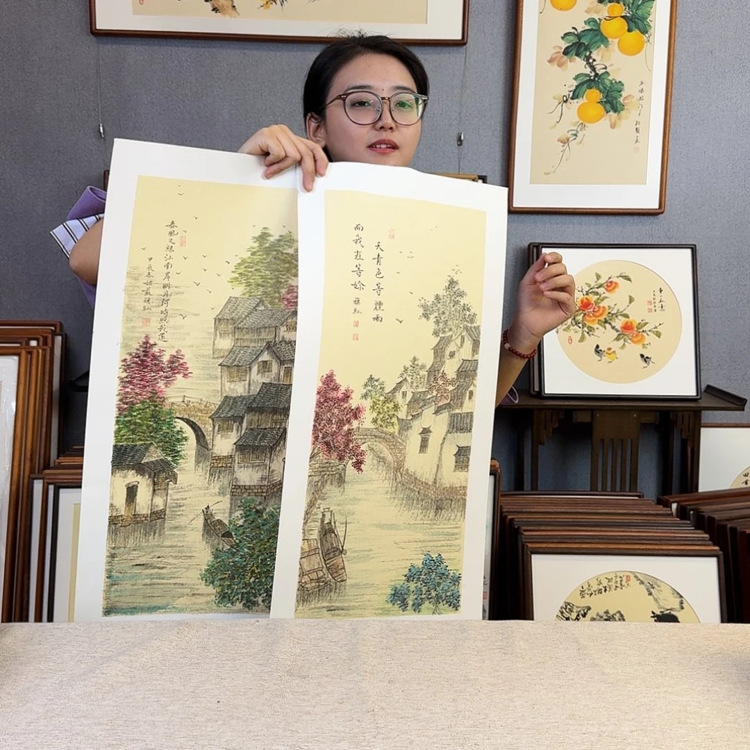 梵***思国画纯手绘，纯手写带框尺寸：36×69厘米
