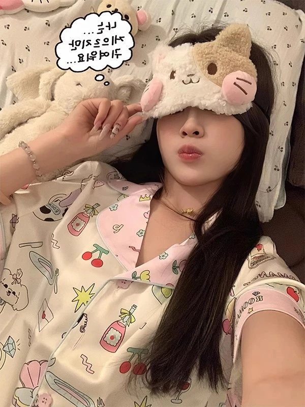 【DMXJ大梦想家】韩系可爱卡通冰丝睡衣女夏季款亲肤长裤家居服套装