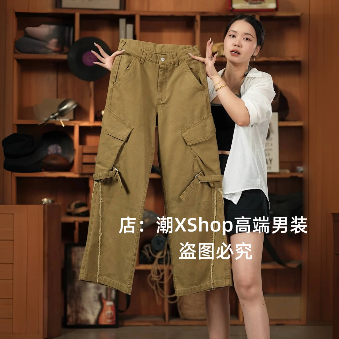 美式轻奢复古毛须磨边绑带工装裤男士做旧A字版型直筒宽松休闲裤