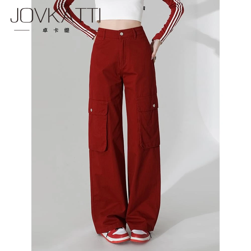 Jovkatti2025春秋酒红色工装裤女款高级感窄版时尚红色裤子
