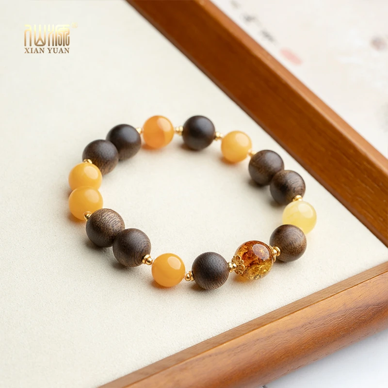 文莱沉香10mm+蜜蜡琥珀花珀925银单圈手串国风文玩珠宝手链