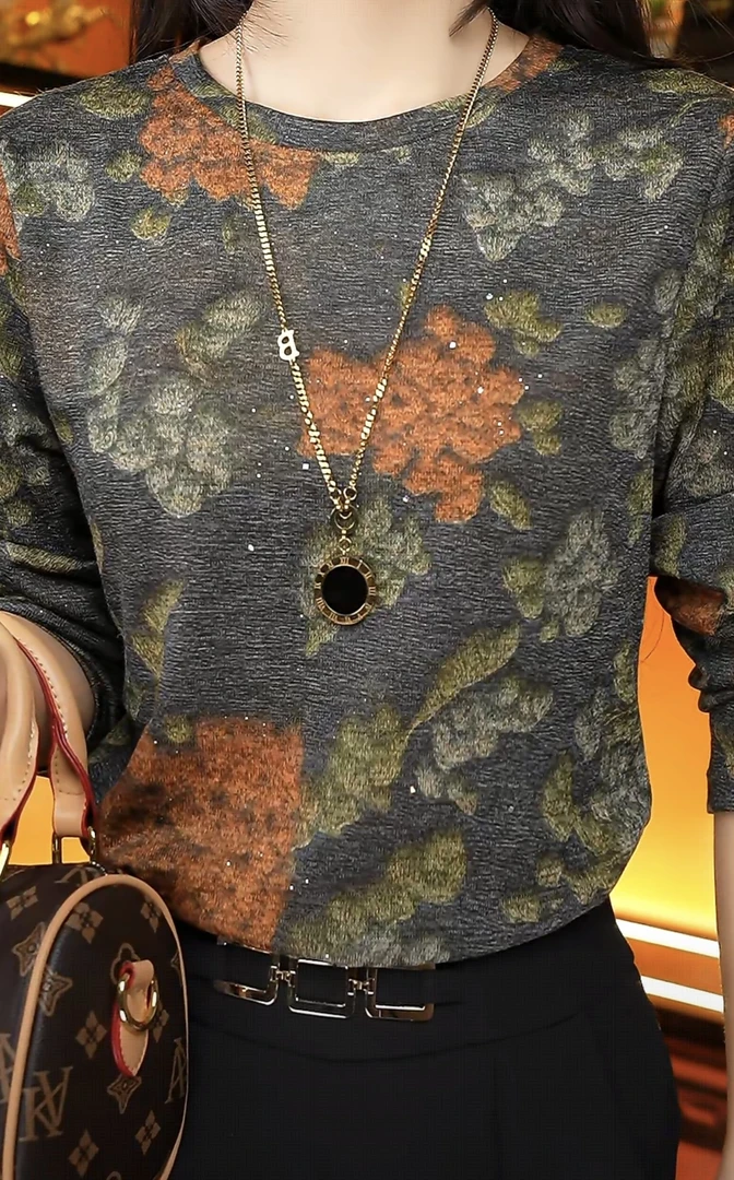 秋冬长袖常规碎花打底衫法式显瘦中领老钱风T恤洋气印花百搭圆领