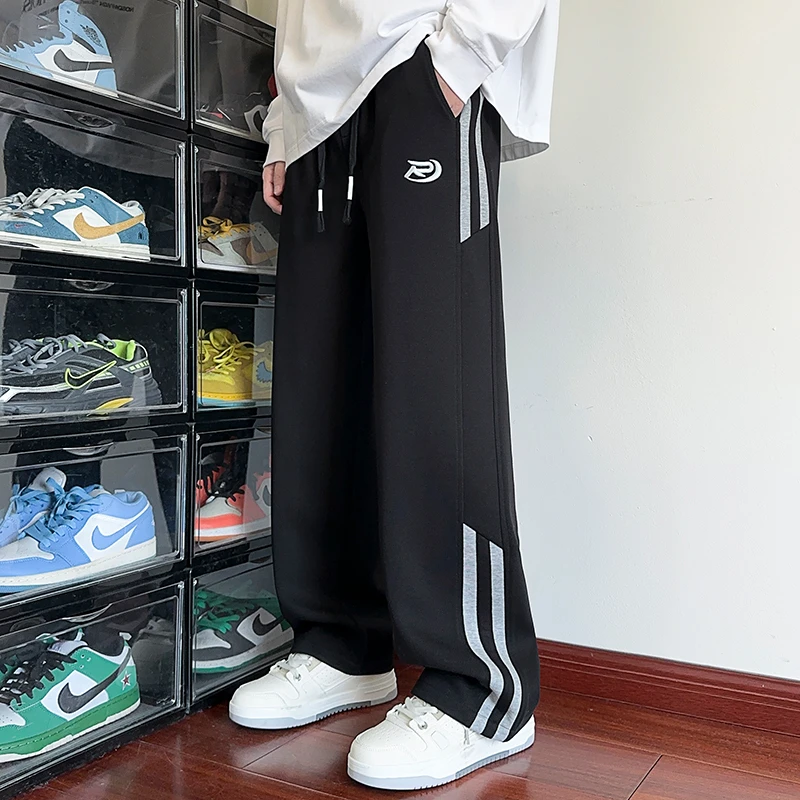 夏季冰感棉阔腿裤男垂感潮流宽松休闲裤百搭运动长裤弹力青少年裤