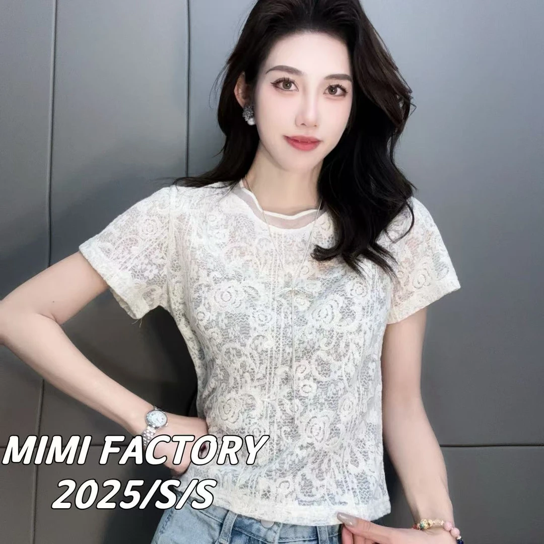 2025新款短袖 欧货花朵蕾丝短袖T恤女修身时尚百搭上衣4738#