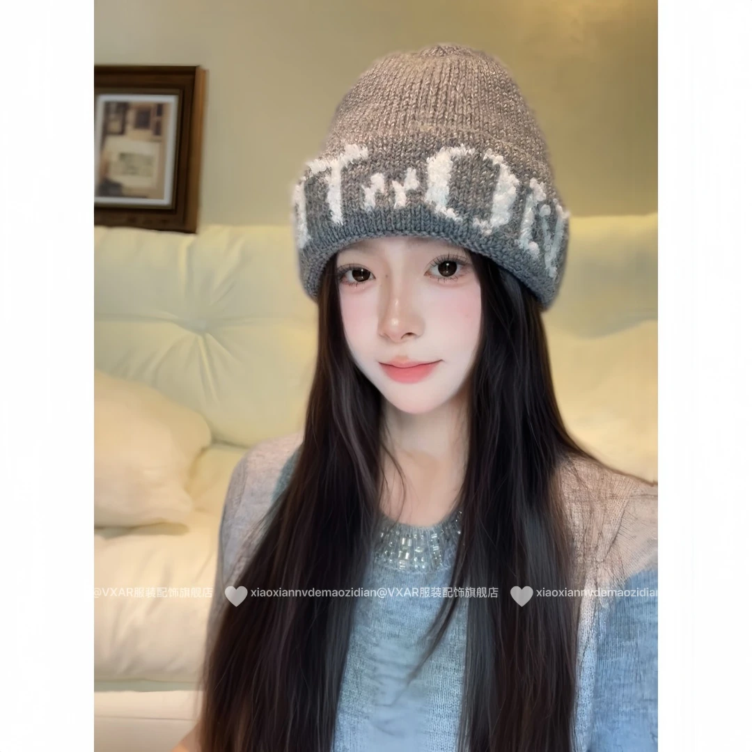 韩版大头围字母针织帽毛线帽子女秋冬季显脸小包头冷帽ins风保暖