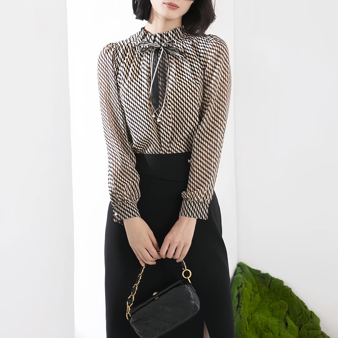 【F2286】长袖衬衣女2025春季新品菱形格纹印花长袖衬衫上衣