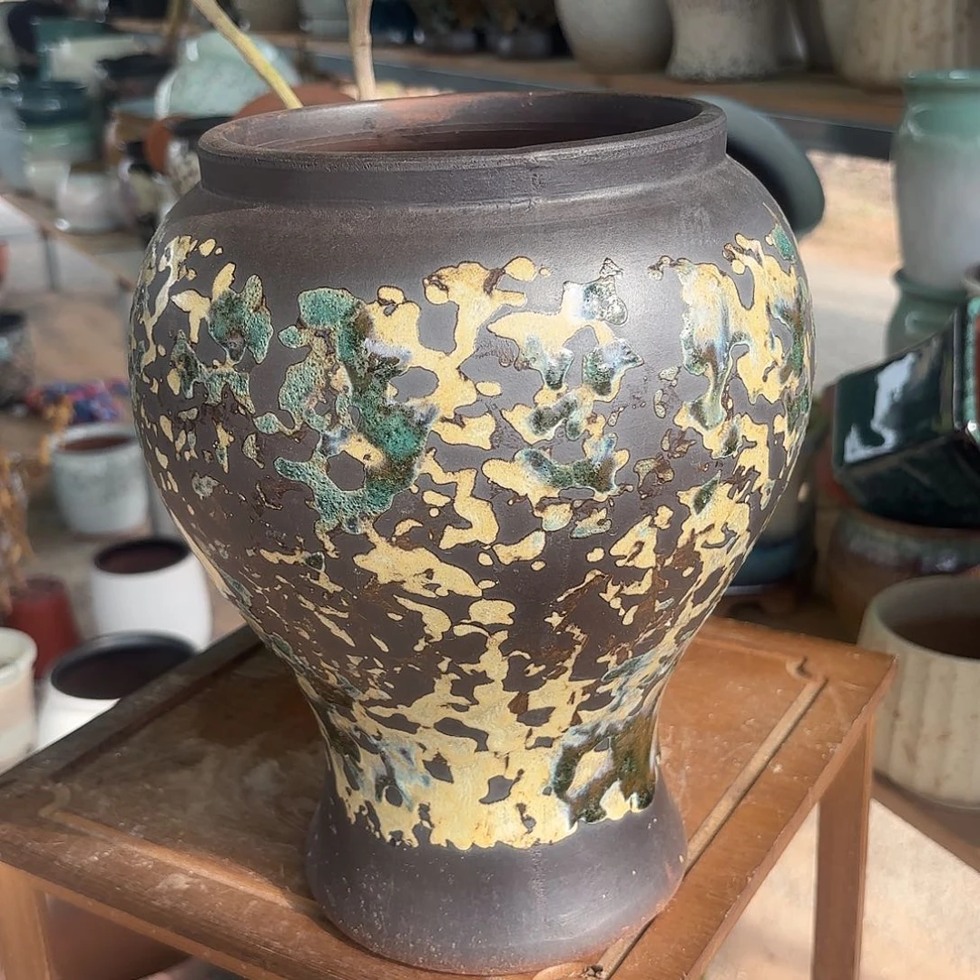 紫砂花盆油画鱼尾一个口径16高度27