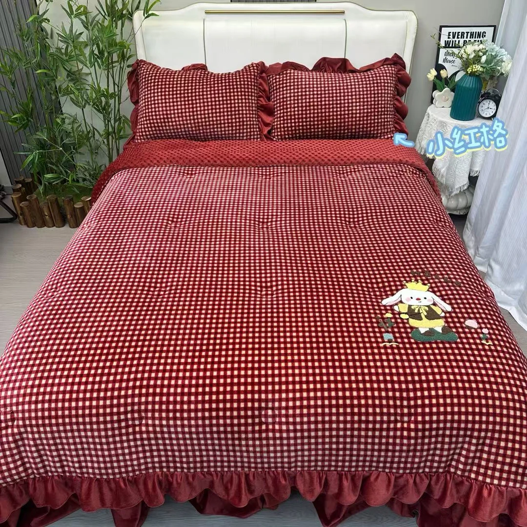 小红格-云朵宝宝绒花边款毛巾绣双人豆豆被套200*230亲肤保暖