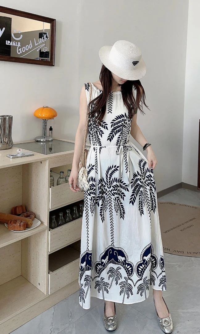 DD-单丝竹节麻度假风长裙印花夏季连衣裙显瘦碎花气质Q56-6249