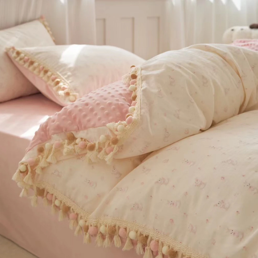 韩版流苏彩球双层纱+豆豆绒四件套田园公主风棉绒保暖床上用品