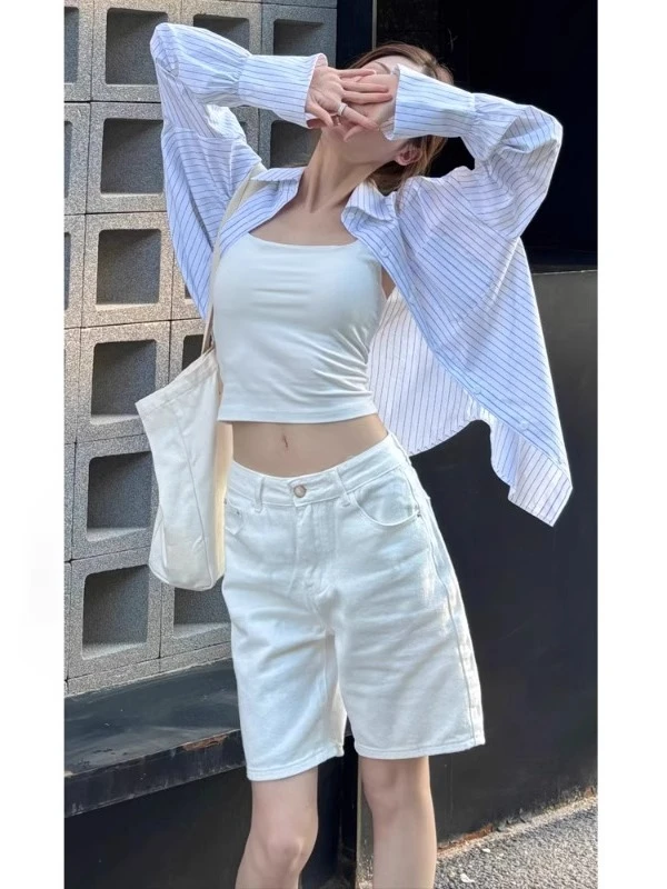 美式白色牛仔短裤女2025新款夏季高腰宽松休闲中裤薄款直筒五分裤