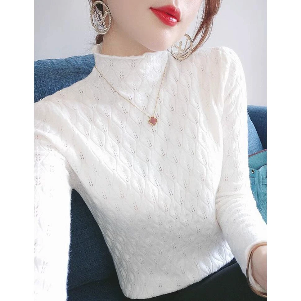 白色半高领针织打底衫女长袖春秋新款小个子修身显瘦内搭毛衣上衣