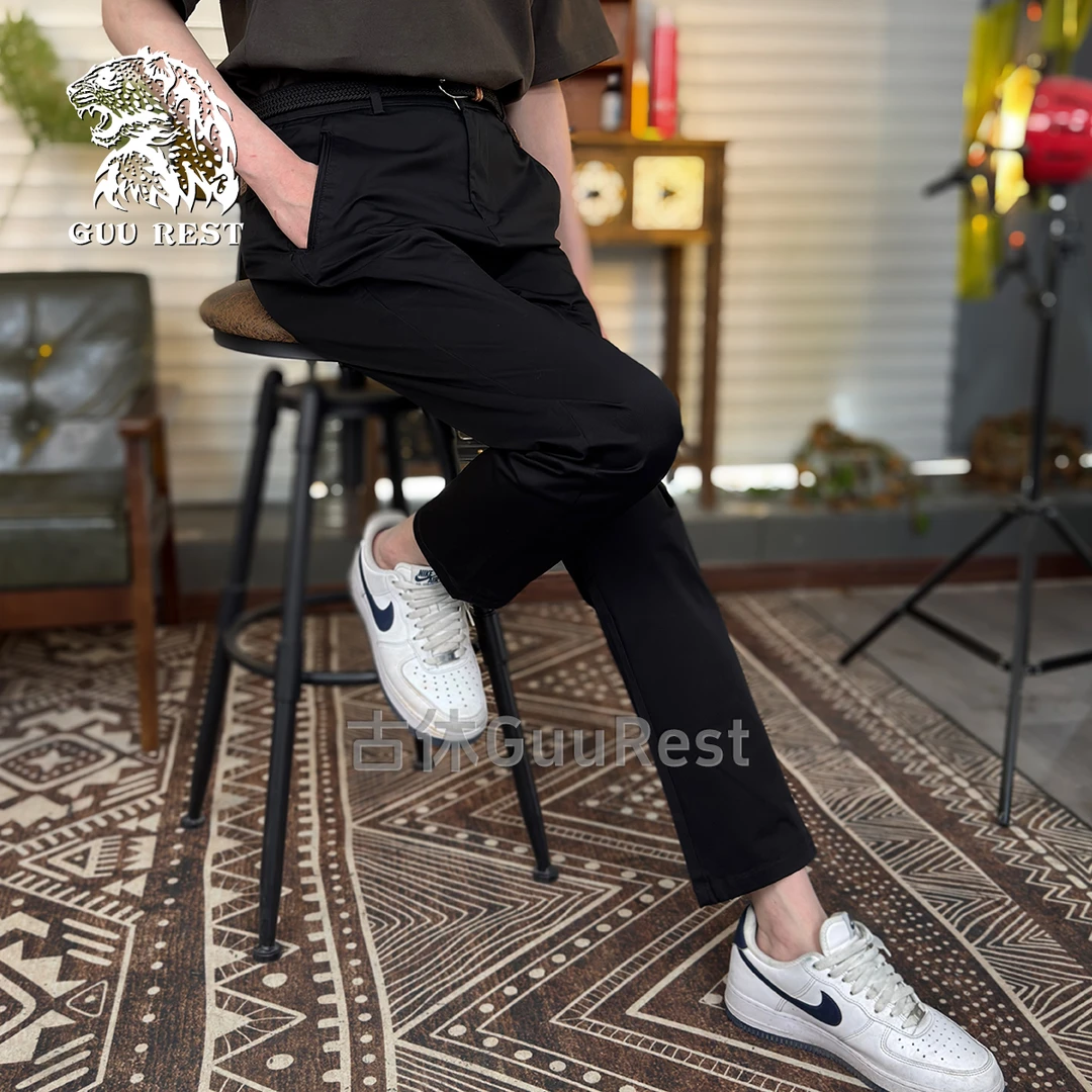 纯棉休闲裤夏季薄款透气 黑色时尚百搭简约直筒裤子男