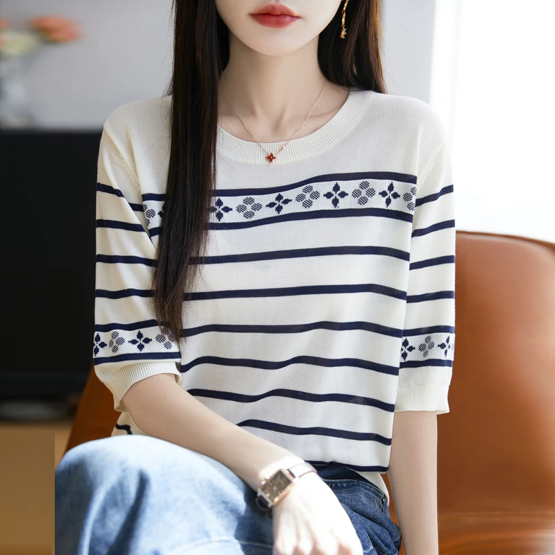 新款女士针织衫圆领条纹短袖显瘦百搭夏季薄款宽松套头时尚
