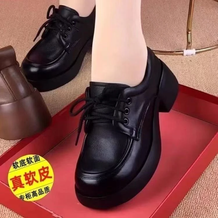 2025春秋新款英伦风小皮鞋女软皮粗跟厚底单鞋系带圆头软底妈妈鞋