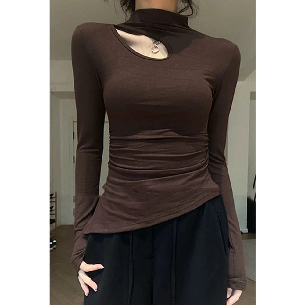 性感镂空半高领内搭打底衫垫肩长袖T恤女秋冬不规则收腰显瘦上衣