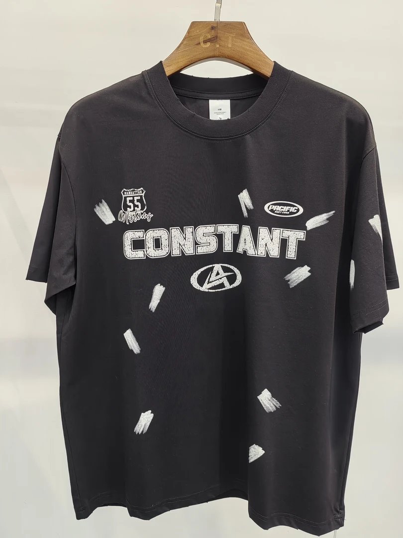 字母微阔圆领磨破短袖免烫夏季T恤时尚上衣印花半袖