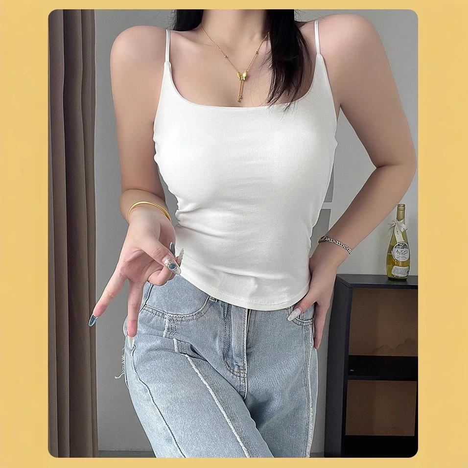 黄峥甜辣设计感褶皱吊带背心女外穿内搭带胸垫修身美背上衣夏新款