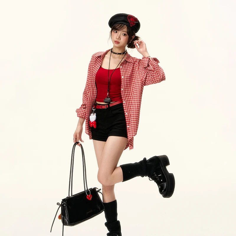 甜酷墨莉 织物猪原创 复古红色格子衬衫女夏薄款吊带黑色短裤
