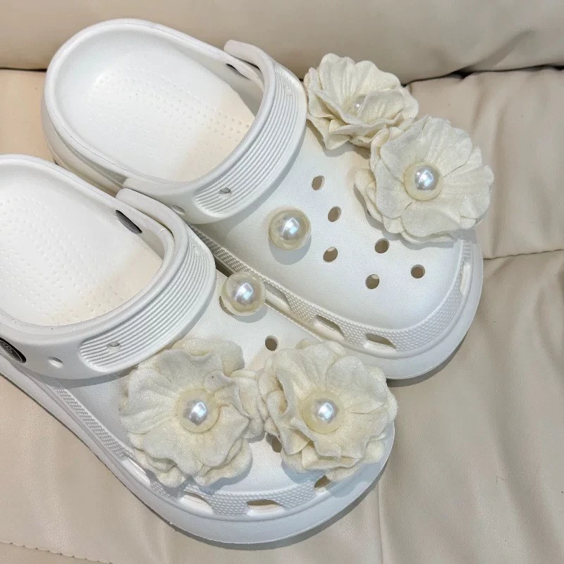 【山茶雾语】布艺山茶花洞洞鞋鞋花配饰立体珍珠花朵diy装饰品鞋扣
