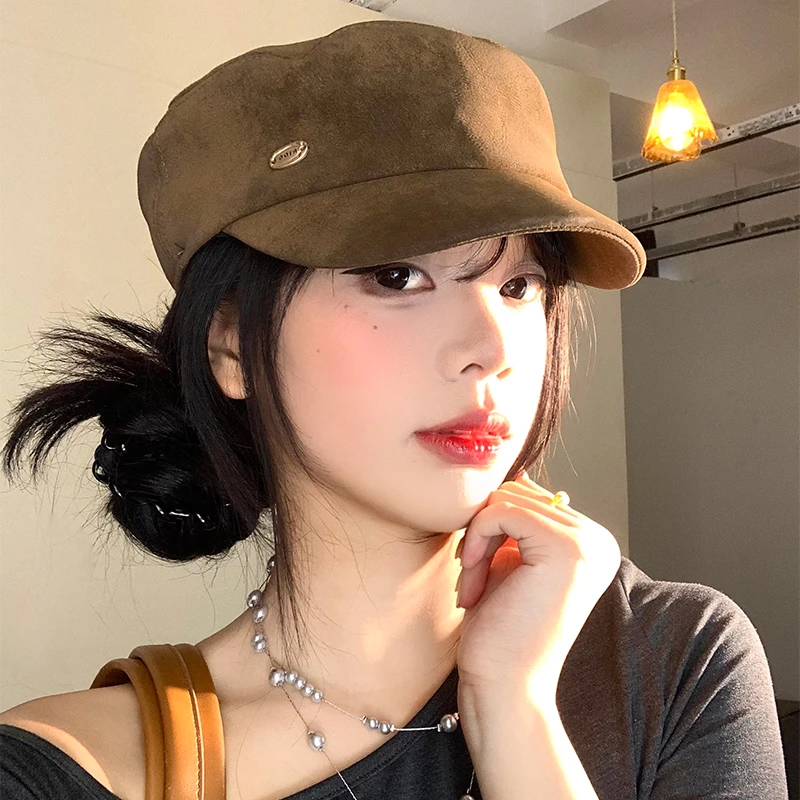 美拉德麂皮绒复古贝雷帽女日系大头围平顶马术帽显脸小鸭舌帽子