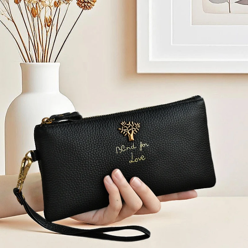 新款头层牛皮休闲百搭钱包手机包时尚真皮简约手包拉链长款手腕包