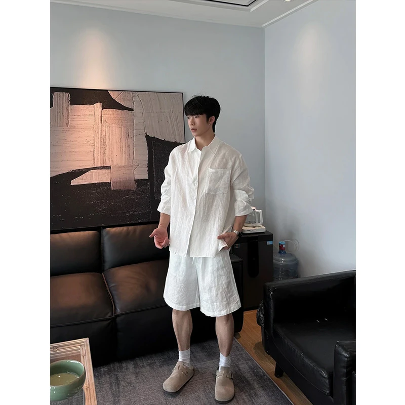 松弛感老钱风新贵休闲套装男宽松慵懒亚麻长袖衬衫夏季短裤两件套