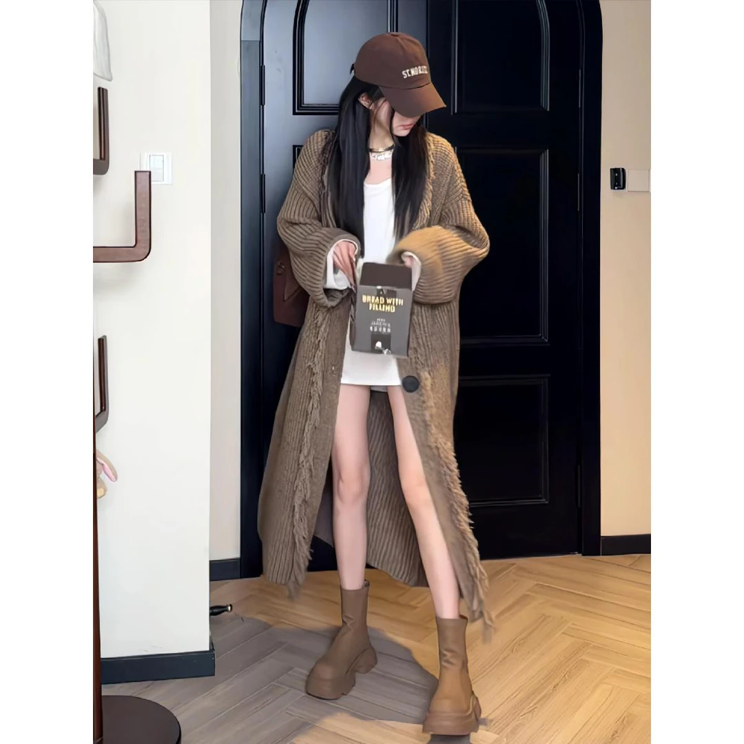 日系复古慵懒风中长款毛衣外套女秋冬季新款宽松外穿过膝针织开衫