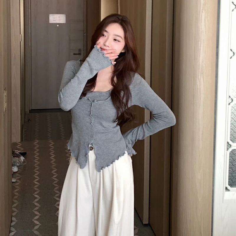 温柔假两件针织衫女春秋高级感木耳边打底衫纯欲辣妹修身内搭上衣