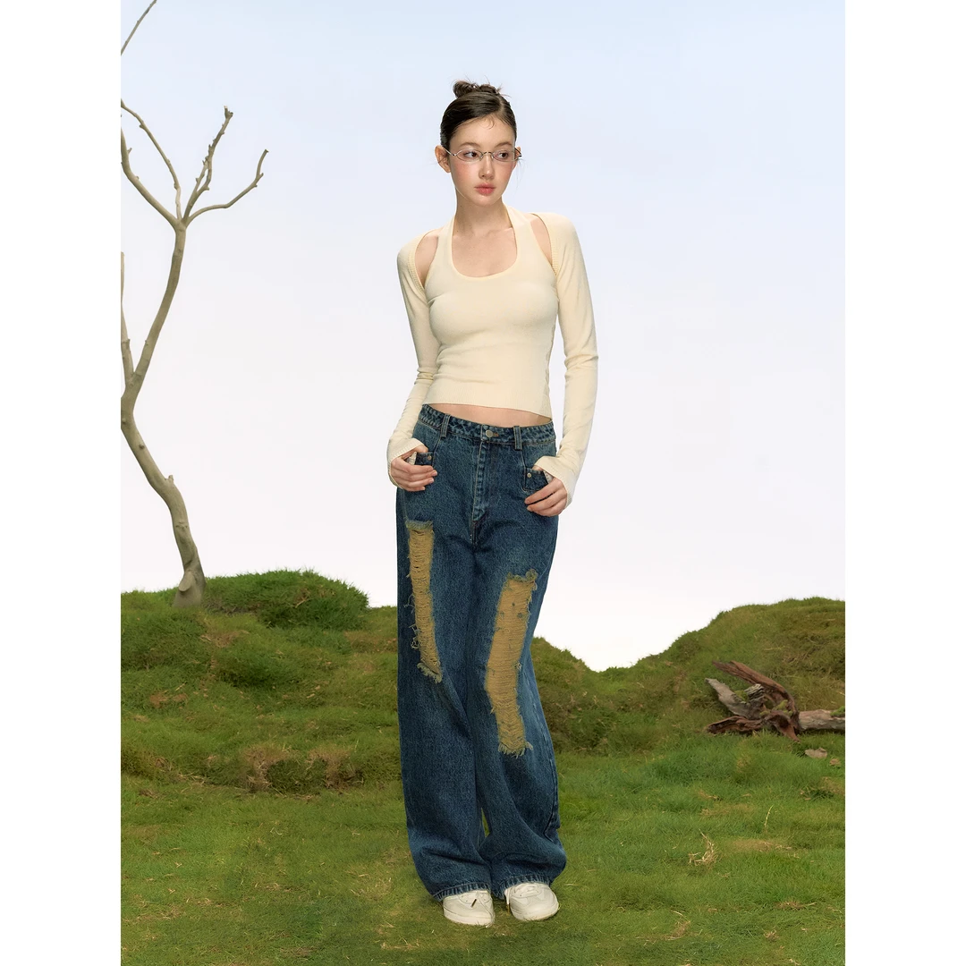 【LaluneDuCiel】LLDC 23号14点设计感休闲直筒破洞牛仔裤女夏