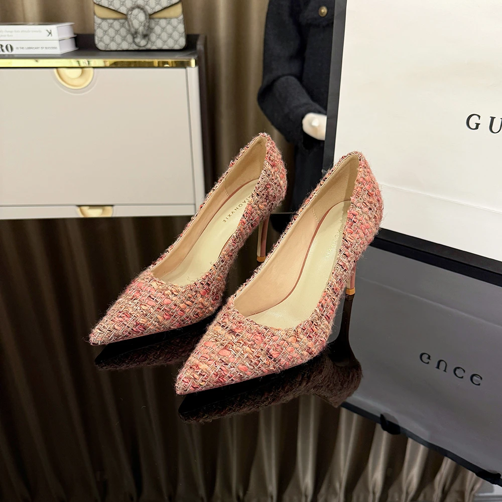 【VIMIAONVXIE】小香风橘粉真皮高跟鞋女细跟尖头名媛气质单鞋