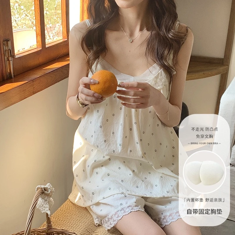 夏季新款睡衣女甜美云朵棉蕾丝V领吊带短裤固定胸垫家居服套装