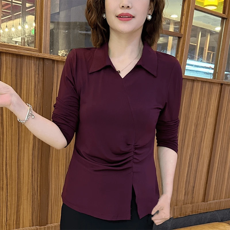 气质纯色百搭翻领长袖小衫春款洋气中年妈妈装修身弹力显瘦上衣