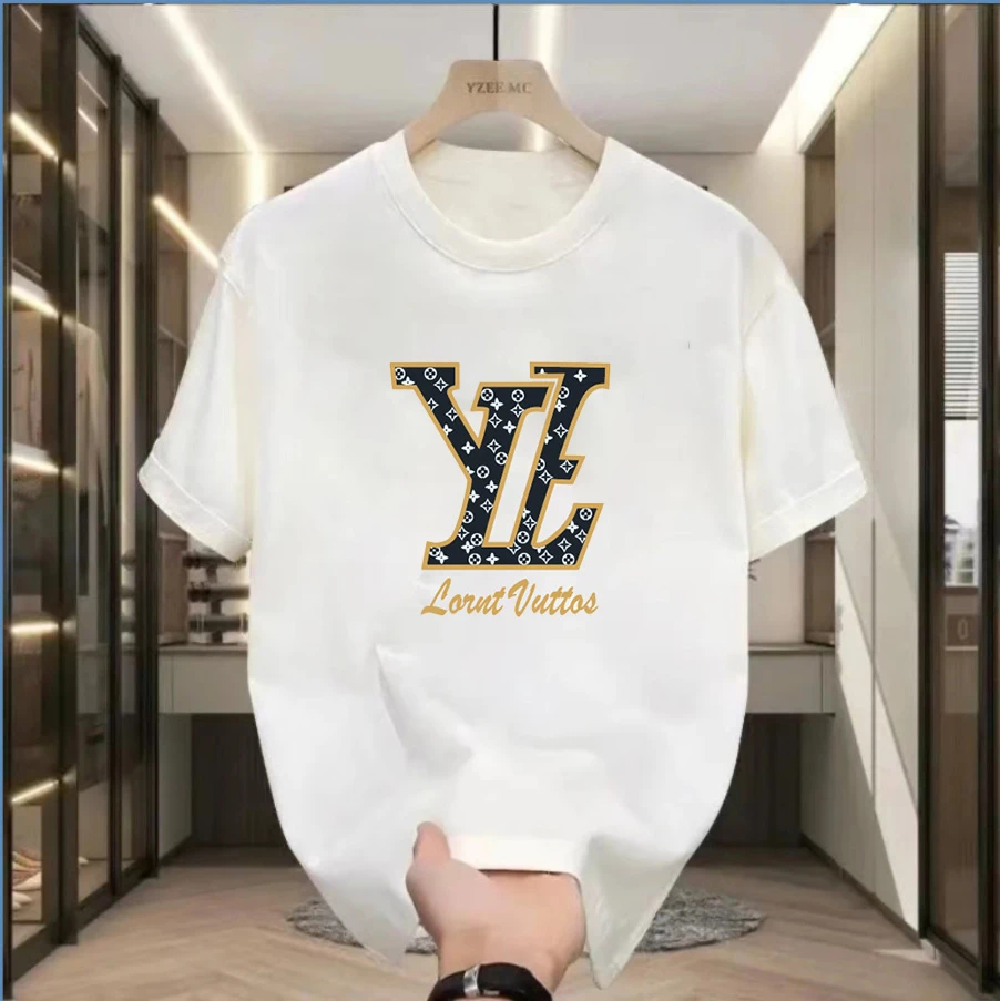 新款夏季T恤男士圆领短袖薄款透气休闲百搭时尚印花款白色