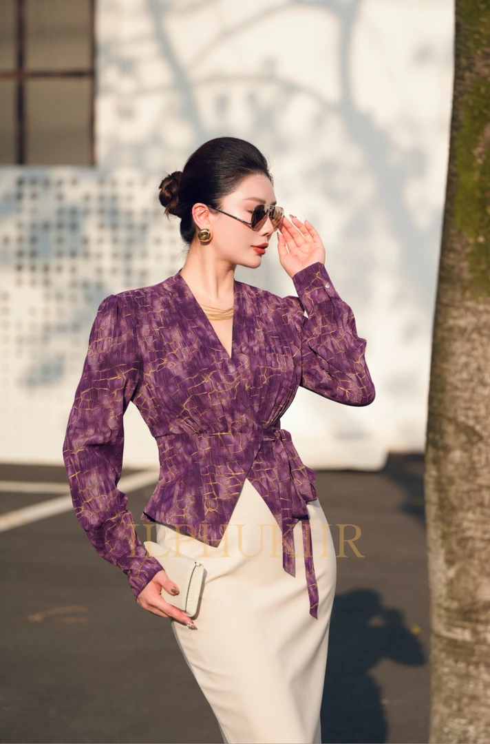 ILPHUKIIR 【紫醉金迷】超薄春夏季防晒衫空调衫绑带褶皱复古衬衣