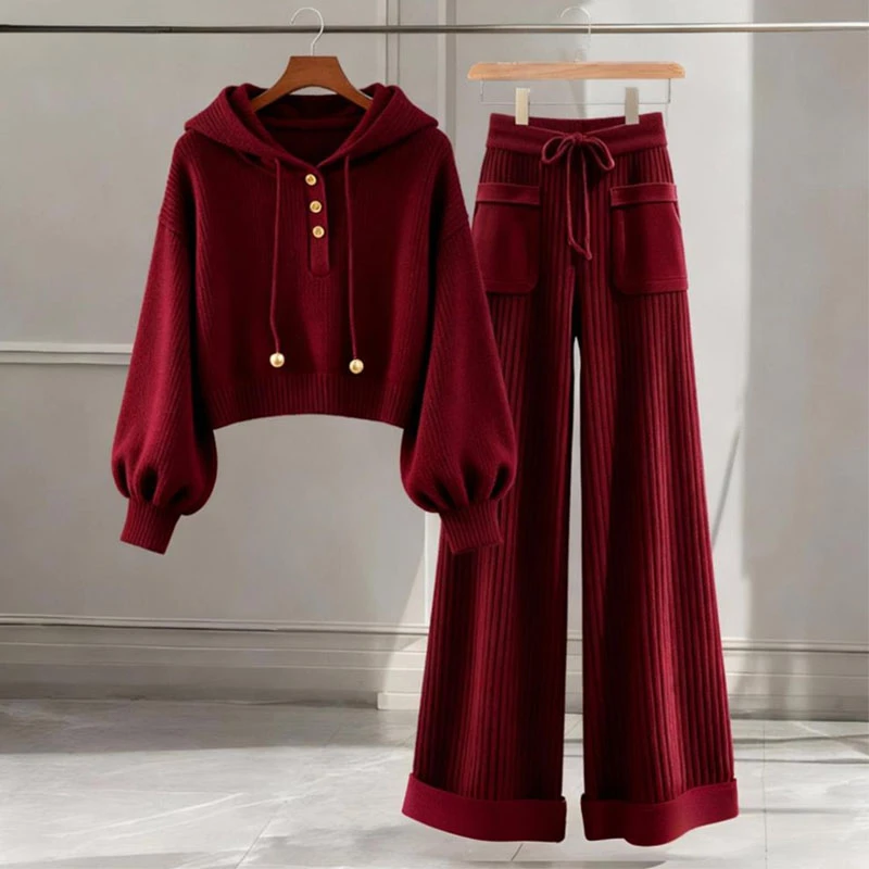 法式气质慵懒风针织卫衣女秋冬季新款高腰休闲裤子两件套时尚套装