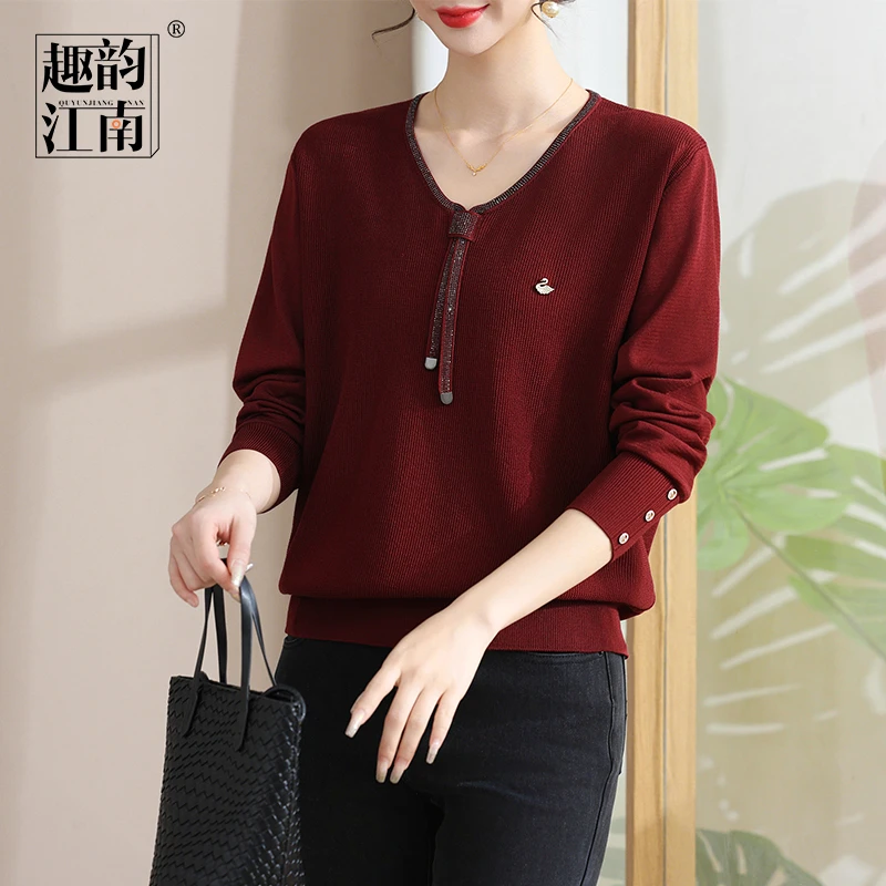 趣韵江南妈妈春装V领针织衫长袖小衫中年气质女士新款打底衫上衣