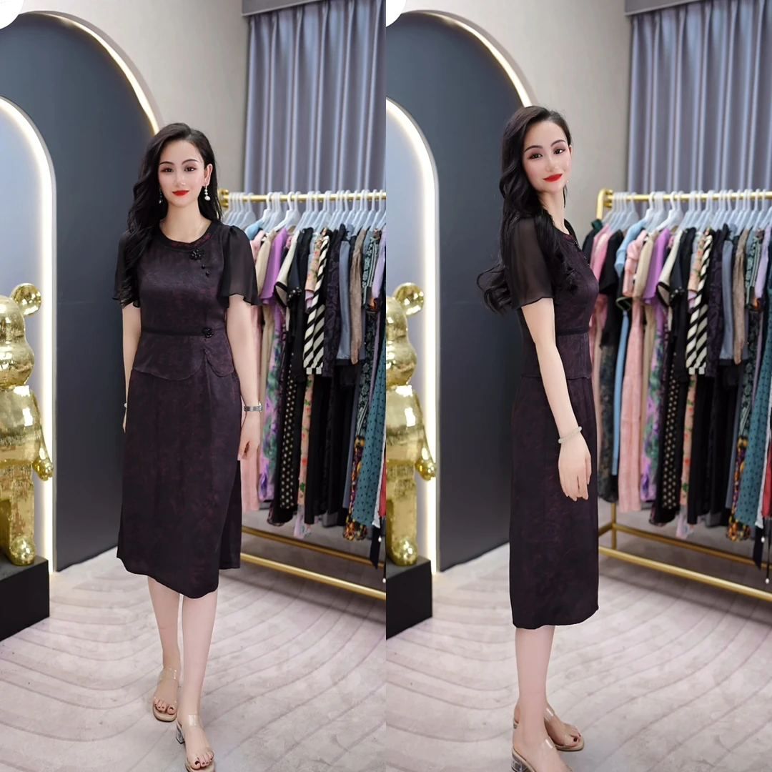 新中式优雅气质女人拼接假两件2025新款高贵收腰中长连衣裙短袖夏