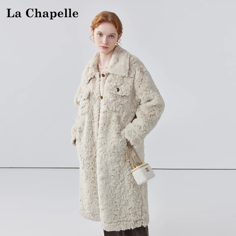 拉夏贝尔设计感加奶茶灰厚翻领长款毛毛外套女宽松大衣春季高级