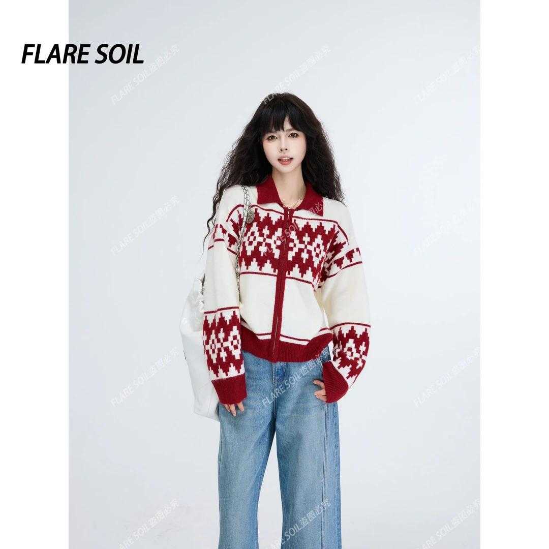 【FLARE SOIL】费尔岛菱格翻领短外套秋冬韩系拉链外套 T40392A