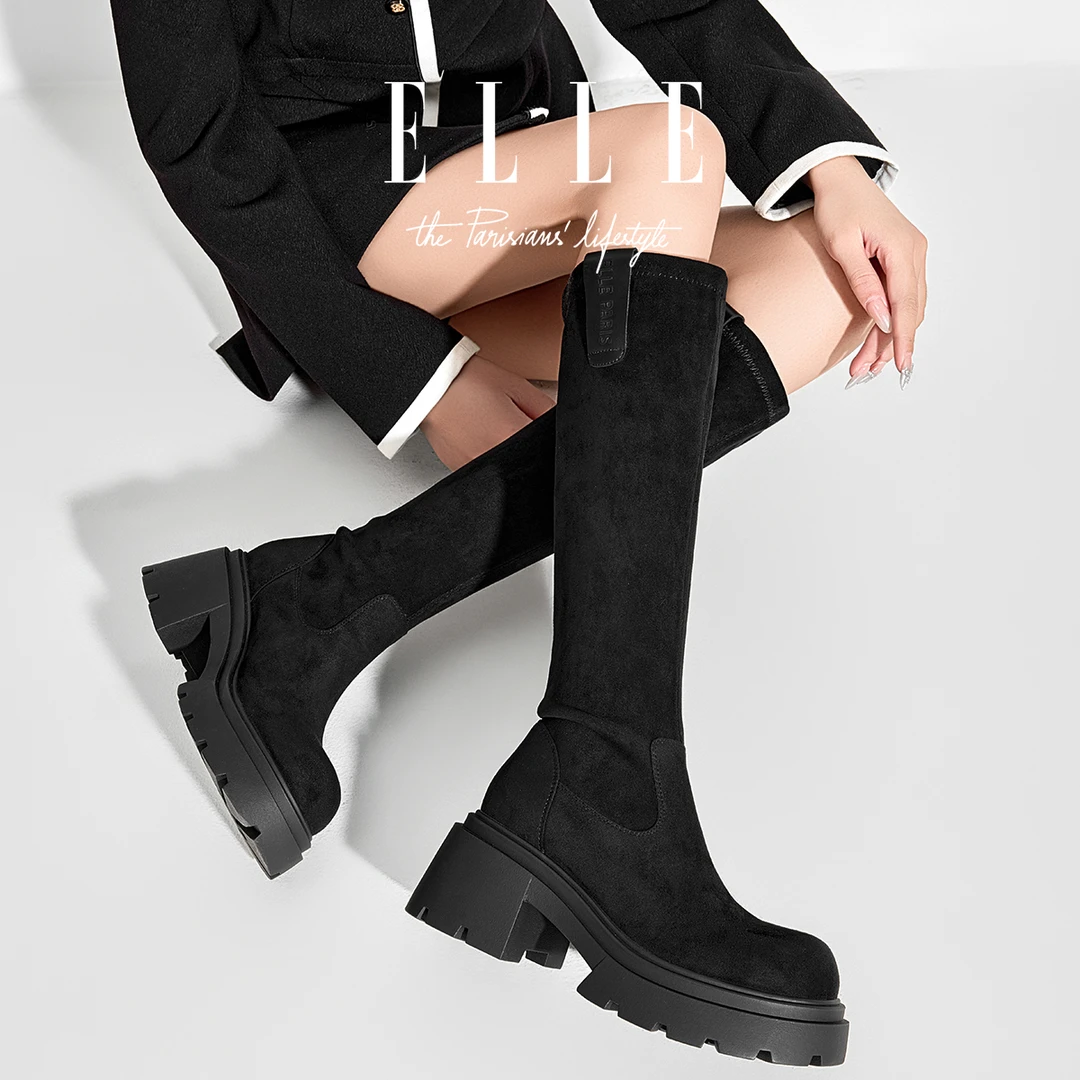 ELLE雅丹风绒面长靴女2025新款高筒靴厚底增高靴子圆头弹力瘦瘦靴