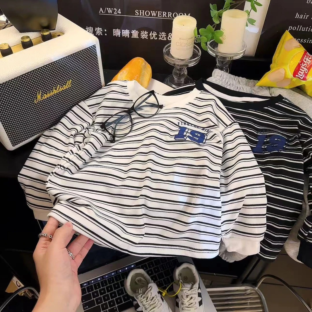 2025新款秋季德绒条纹上衣19款经典儿童春秋长袖男童洋气休闲宽松
