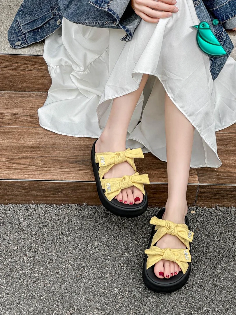 厚底蝴蝶结一字拖配裙子的拖鞋平底百搭夏季外穿凉鞋