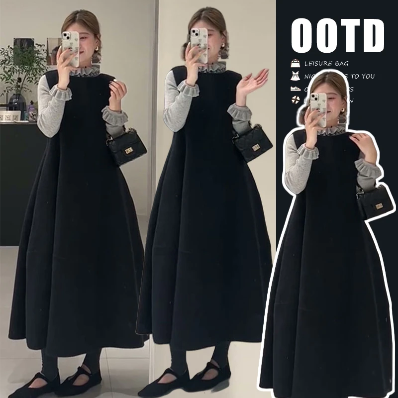 孕妇装现~韩系设计感木耳边毛衣上衣+叠穿显瘦背心裙连衣裙