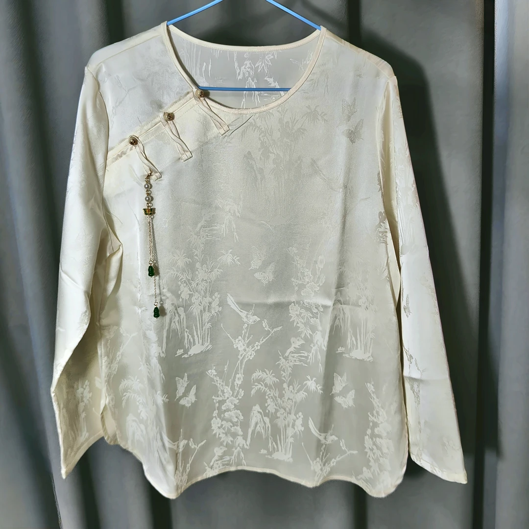 新中式气质素色提花圆领盘扣国风轻奢斜襟长袖中老年人衫