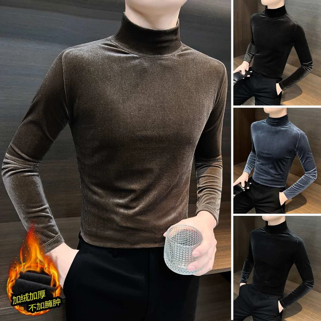 半高领长袖t恤男款爆款2025新款秋冬男装加绒加厚男士内搭打底衫