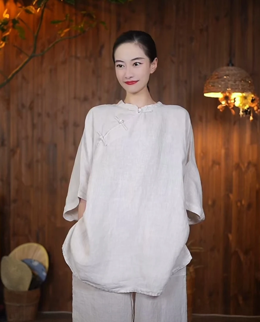 唐不染-子衿62499 汉麻国风盘扣休闲上衣宽松文艺禅意夏季凉感
