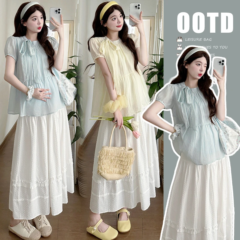 孕妇套装2025 夏季新款圆领泡泡袖蝴蝶结娃娃衫上衣+蕾丝裙孕妇