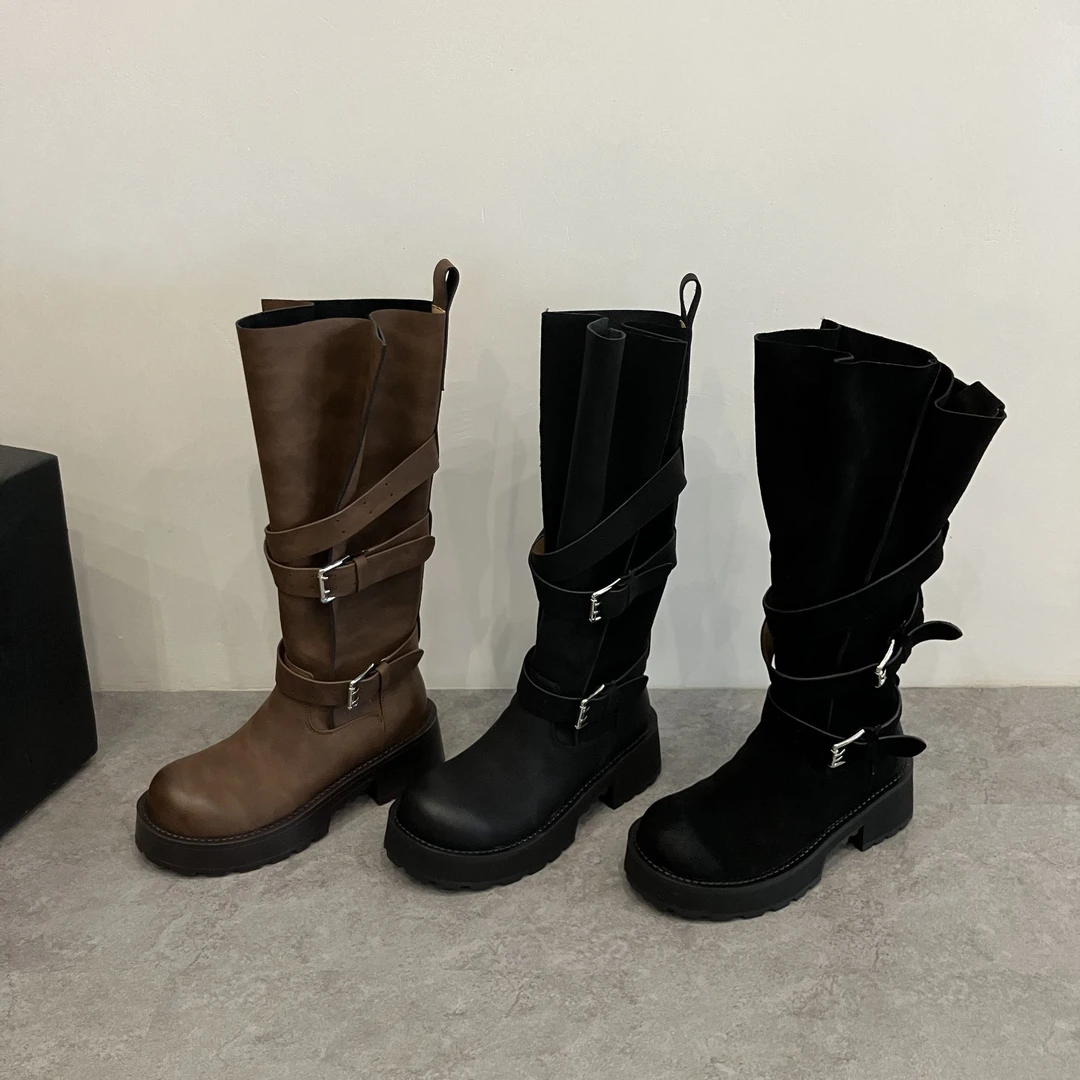 小众厚底大筒复古皮带扣骑士靴新款时尚磨砂不过膝长靴长筒百搭